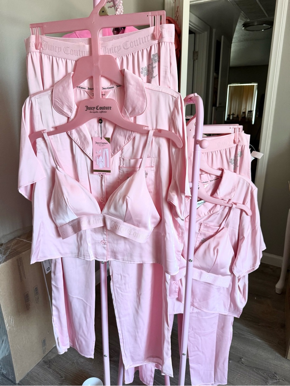 Juicy Couture Light Pink Satin Pajama Set with Bra Top & Button Shirt